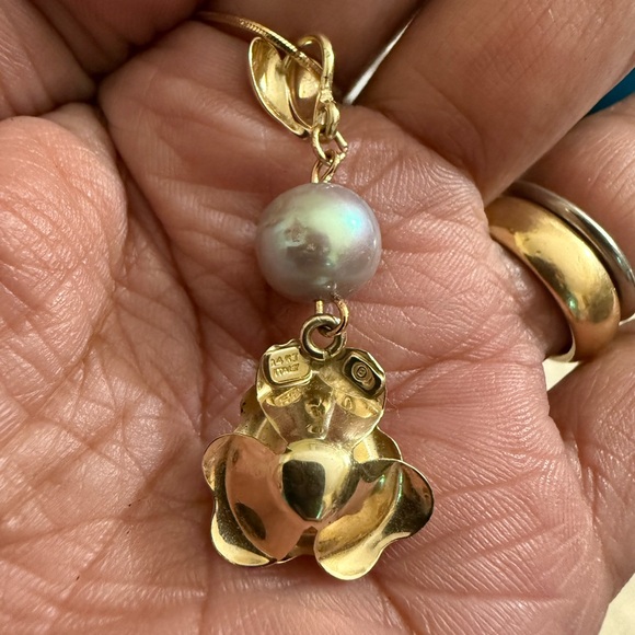 Solid 14k YG ROSE & PEARL pendant . 10mm gray south Sea pearl-6.55g , 16” chain - Picture 3 of 7
